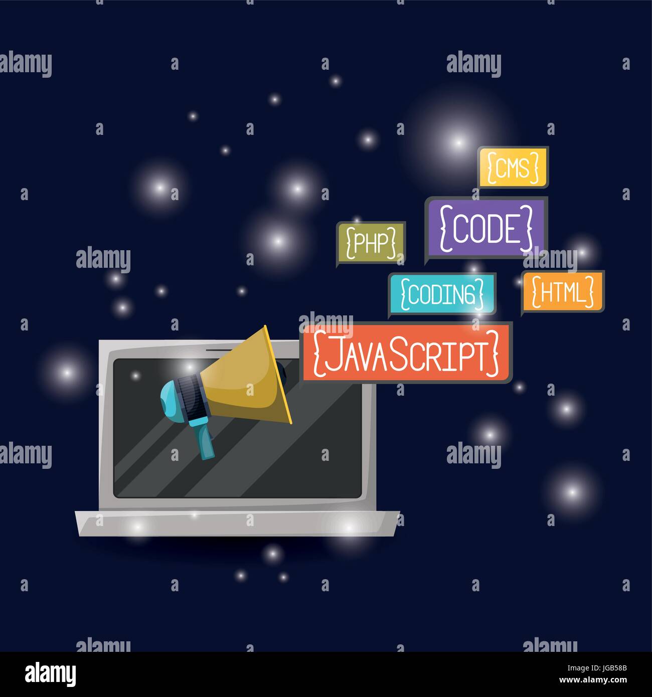 blue dark background with brightness of laptop and megaphone icon with web  programming language codes in rectangular textbox Stock Vector Image & Art  - Alamy