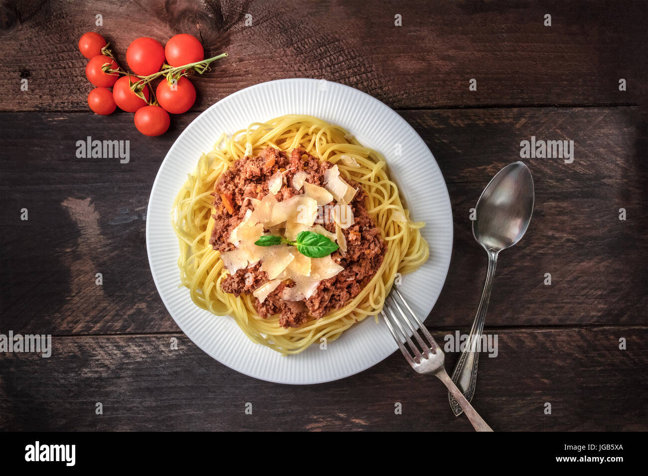 Pasta bolognese on rustic background with copyspace Stock Photo