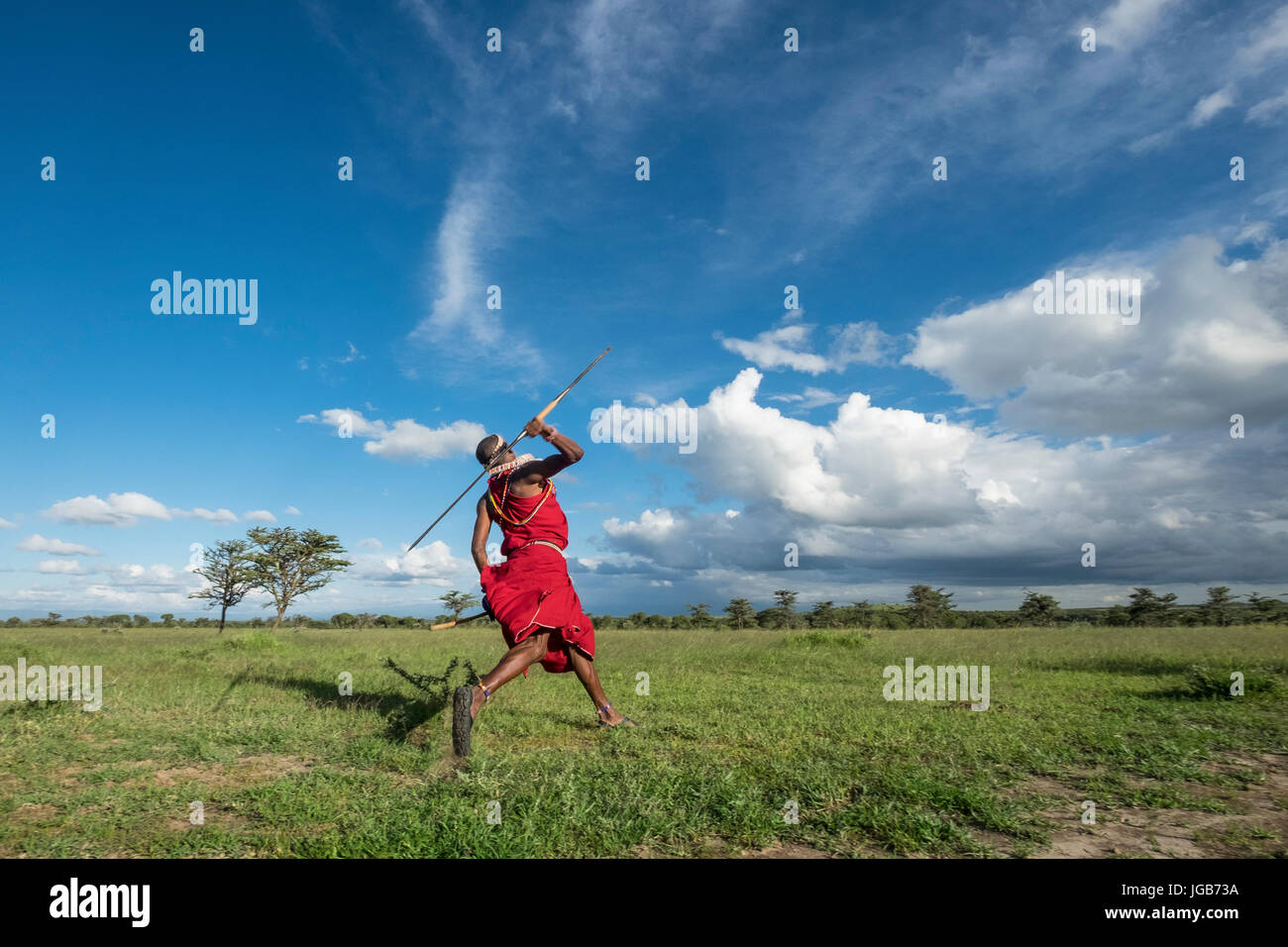 Masai warrior throwing a spear, Masai Mara, Kenya. Stock Photo