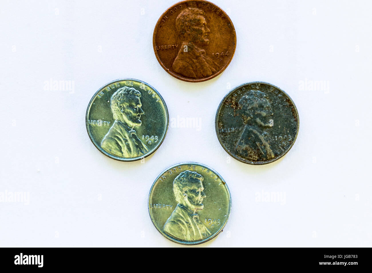 Three 1943 steel wartime pennies and one 1944 copper penny United