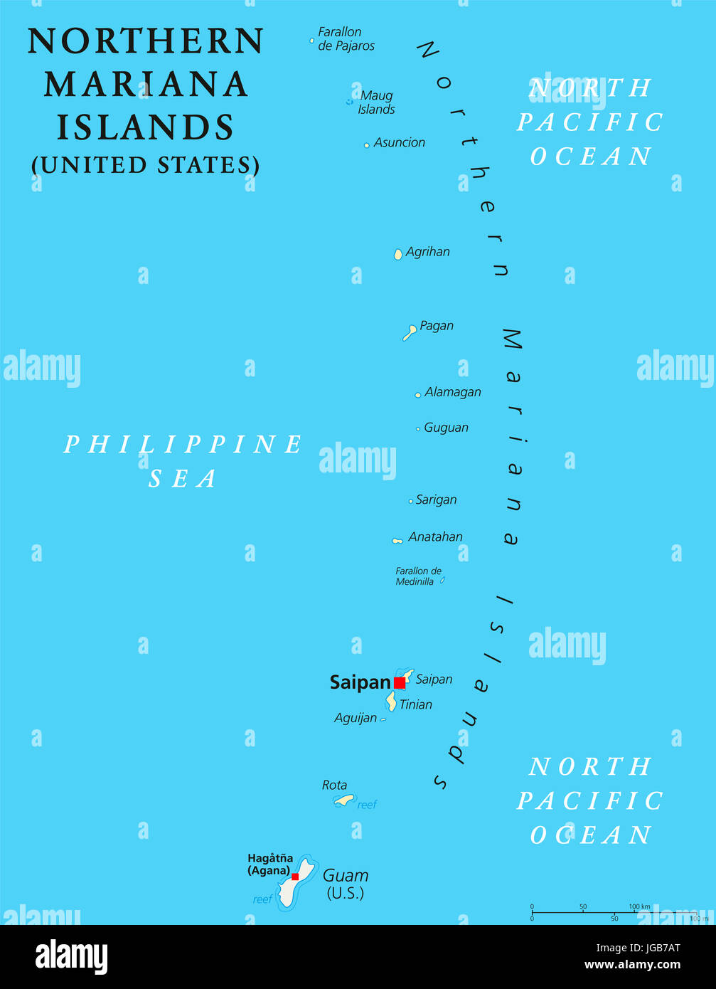 Northern Mariana Islands political map with capital Saipan. Insular area and commonwealth of United States in Pacific Ocean, north of Guam. Stock Photo