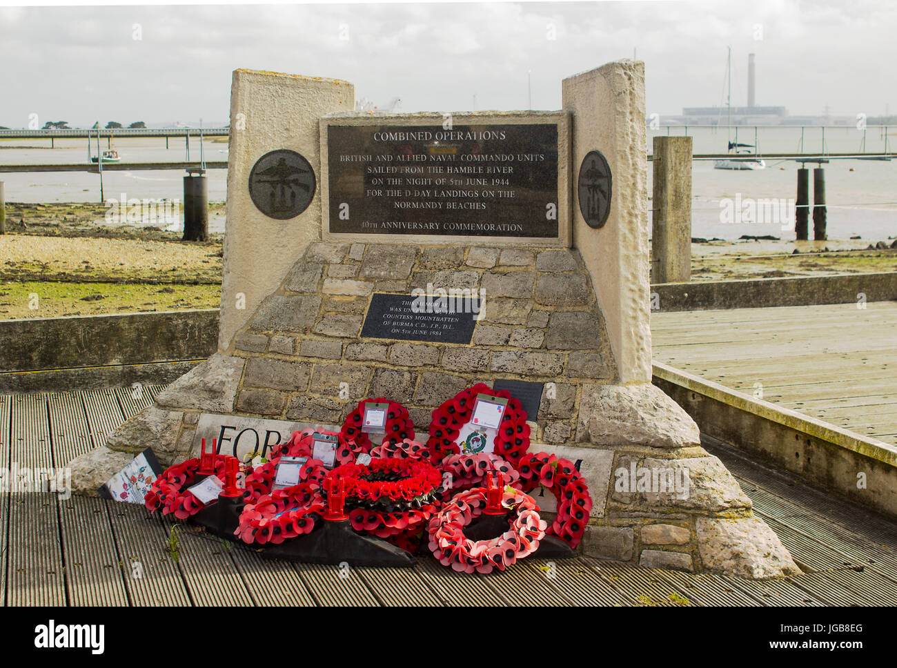 Memorial wreaths at the Normandy Landings memorial erected in Warsash in Hampshire England which was a departure point for the Allied Forces Stock Photo