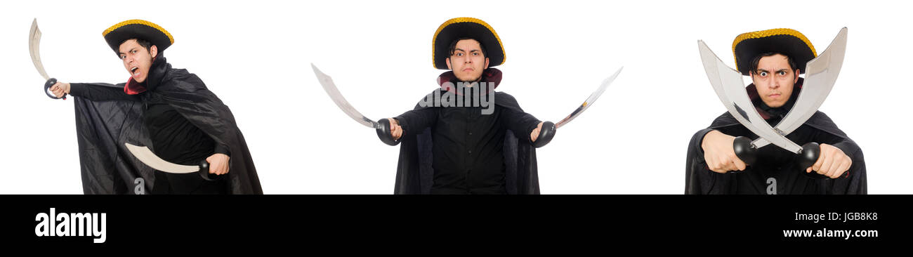 Young man wearing tricorn and coat isolated on white Stock Photo