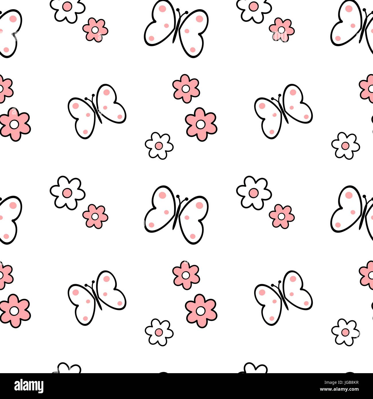 black white pink daisy flowers and butterflies seamless vector pattern ...