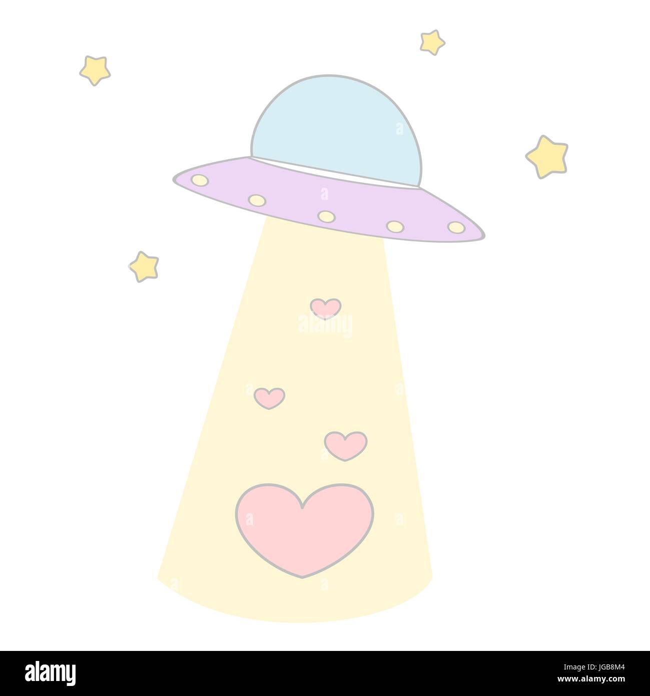cute cartoon alien spaceship abducts hearts funny concept vector illustration Stock Vector