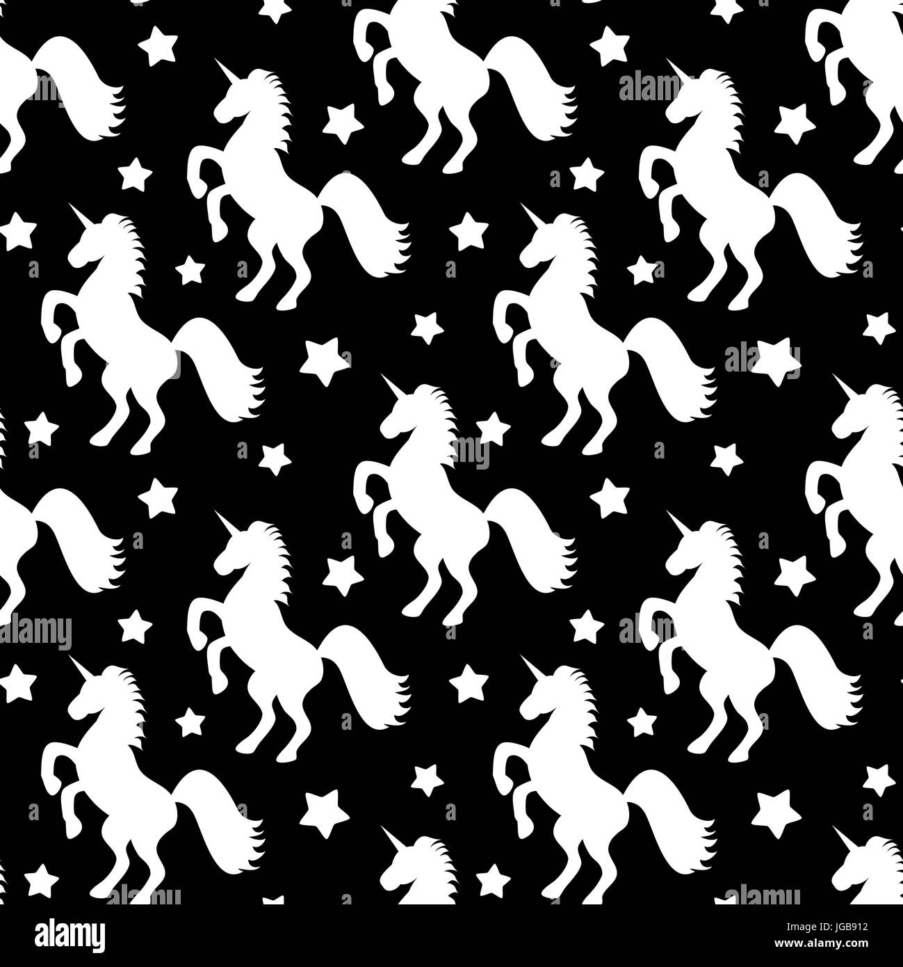 seamless vector pattern illustration with white stars and unicorns on ...