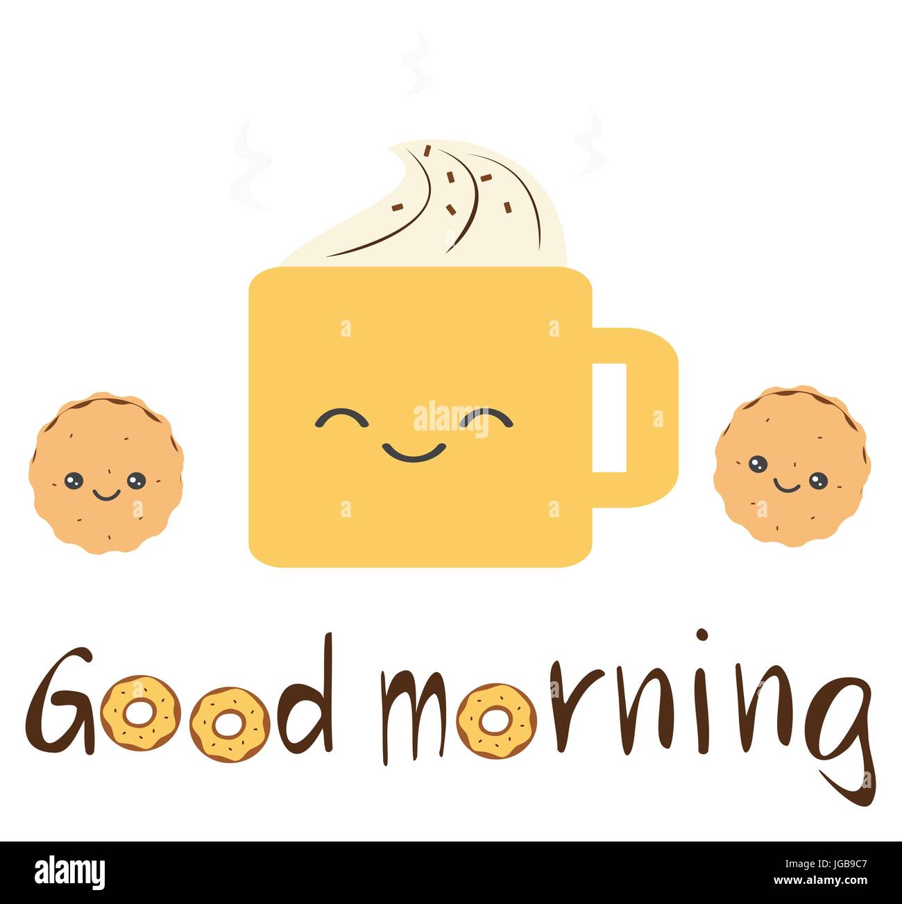 cute vector good morning quote with cartoon cookies, coffee with ...