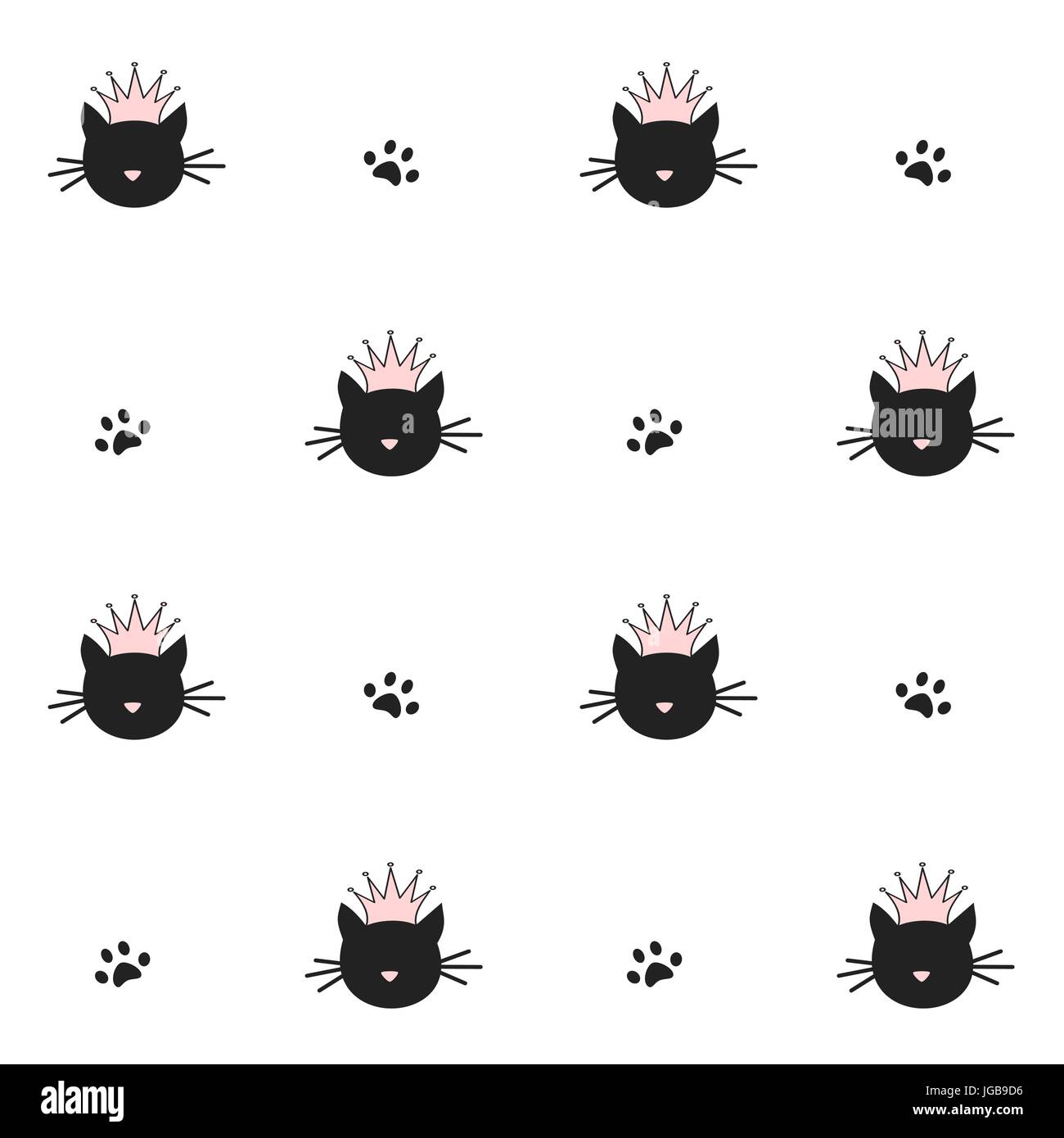 cute black cats silhouette with pink crown seamless vector pattern ...