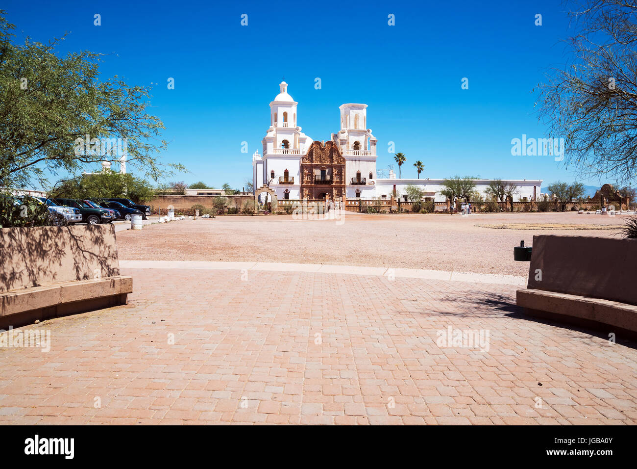 View on San Xavier Mission from plaza,, Tucson , Arizona, USA Stock Photo
