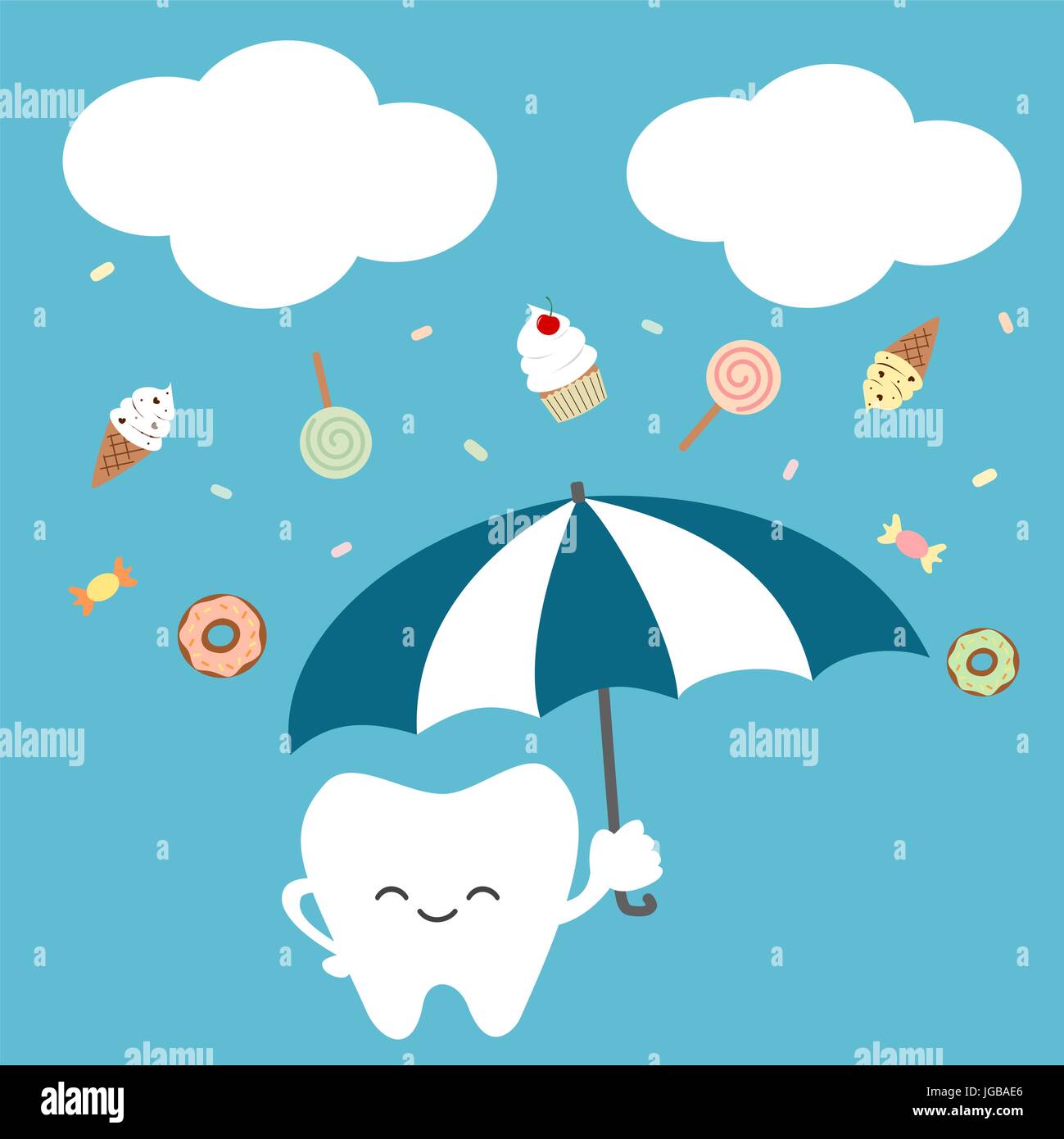 cute cartoon tooth with umbrella and raining candies concept vector  illustration Stock Vector Image & Art - Alamy