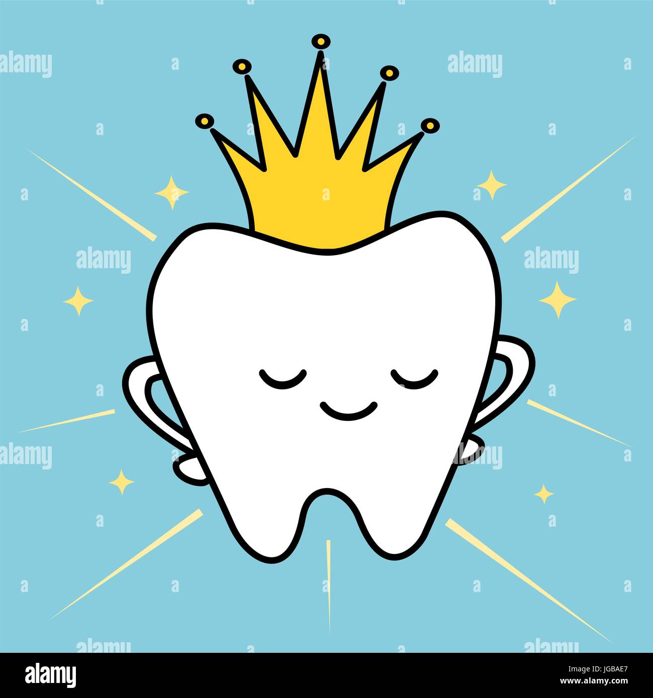 cute cartoon tooth with royal crown concept funny vector illustration Stock Vector
