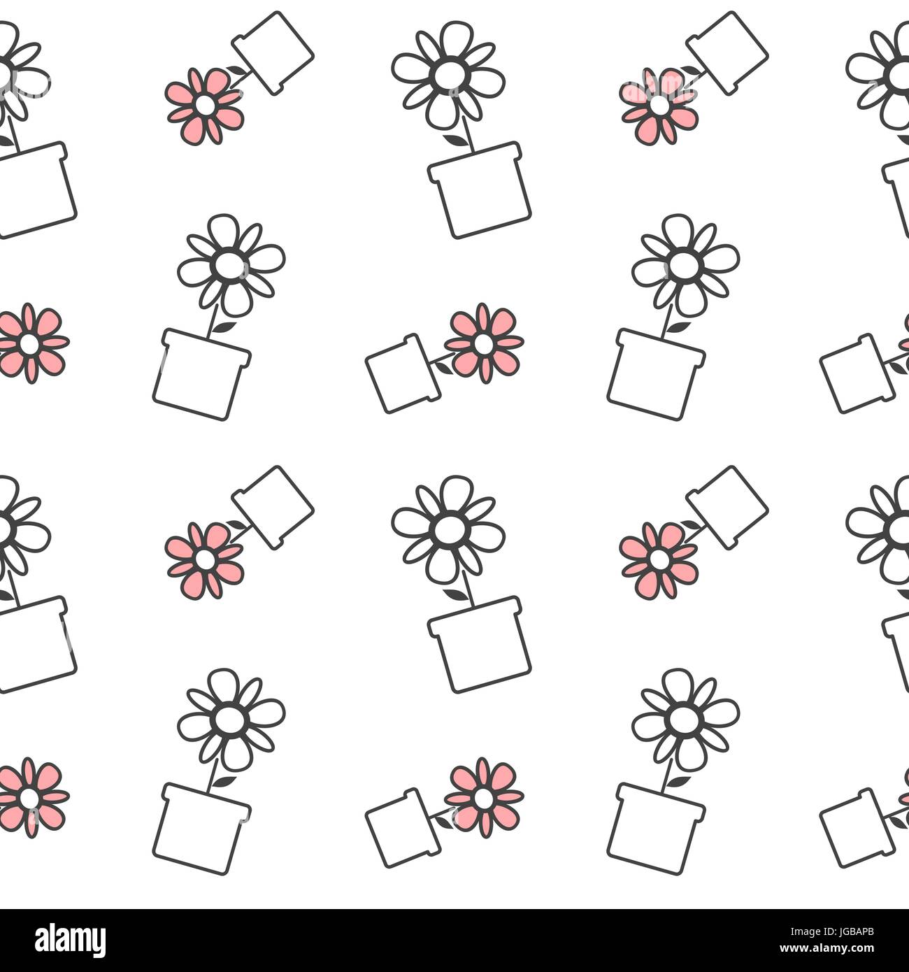 black white and red daisy flowers in a pot seamless vector pattern ...