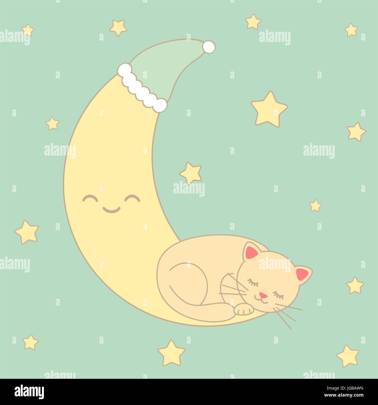 cute cartoon cat sleeping on the moon surrounded by stars vector ...