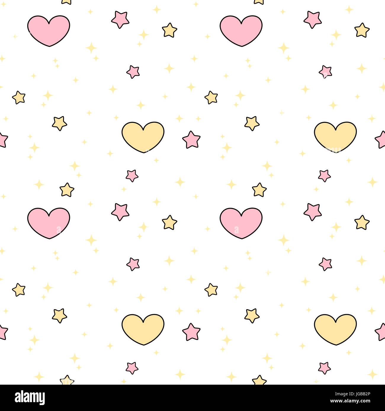 Seamless pattern of cute love hearts in cartoon style in bright