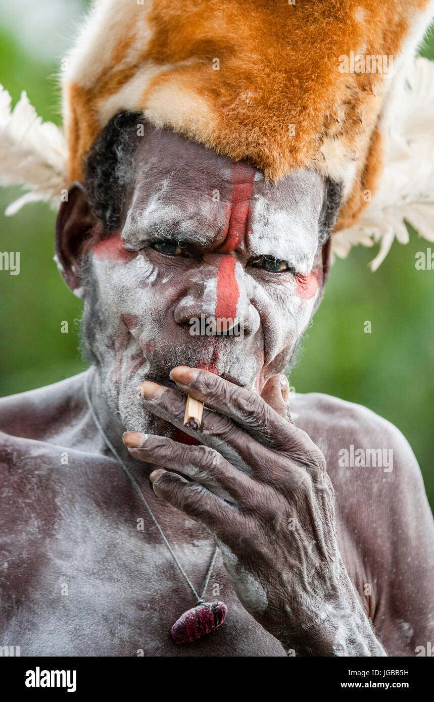 INDONESIA, IRIAN JAYA, ASMAT PROVINCE, JOW VILLAGE - JUNE 12: The Portrait Asmat warrior with a traditional painting and coloring on a face. Stock Photo
