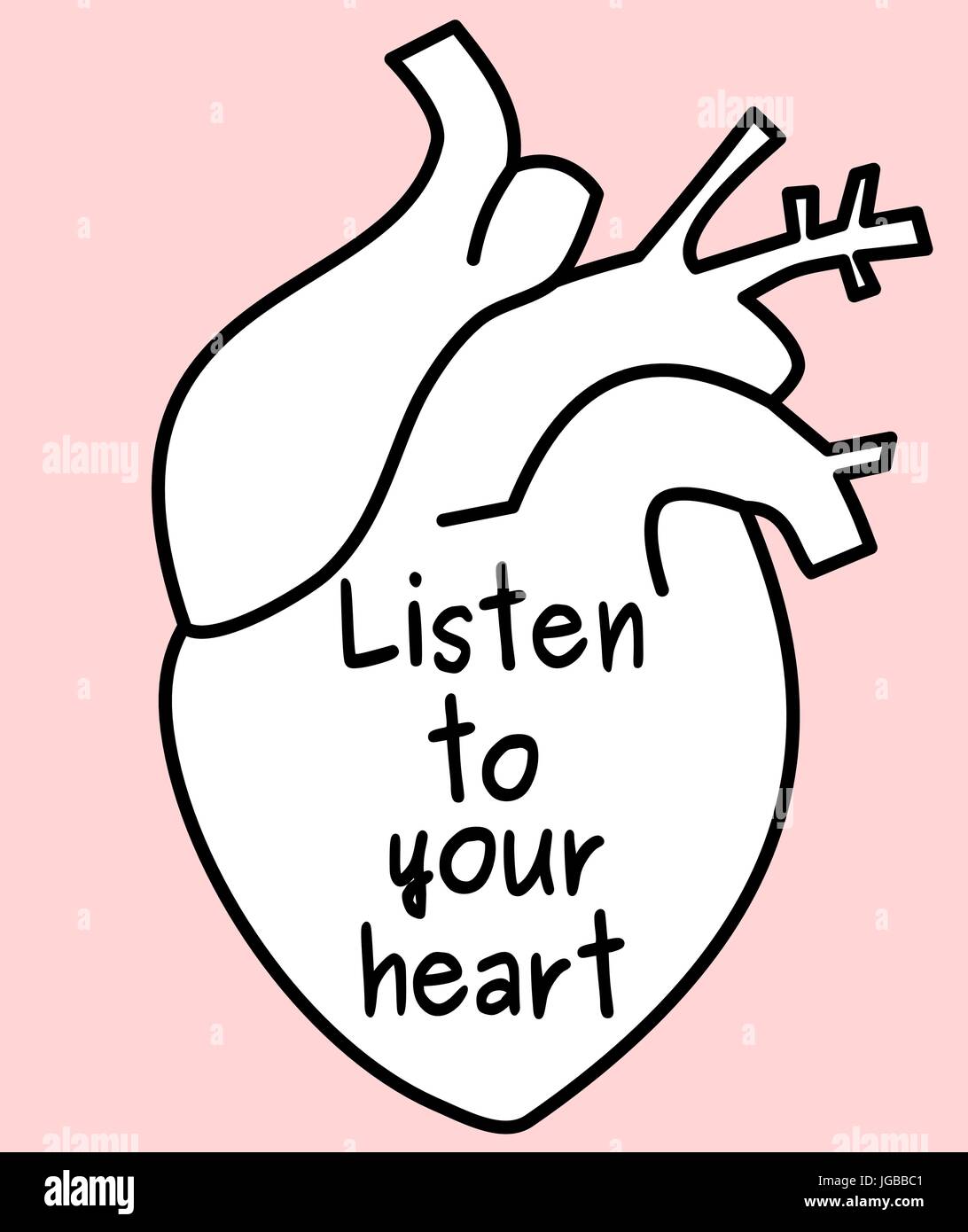 listen to your heart quote and human heart vector black white pink concept illustration Stock Vector
