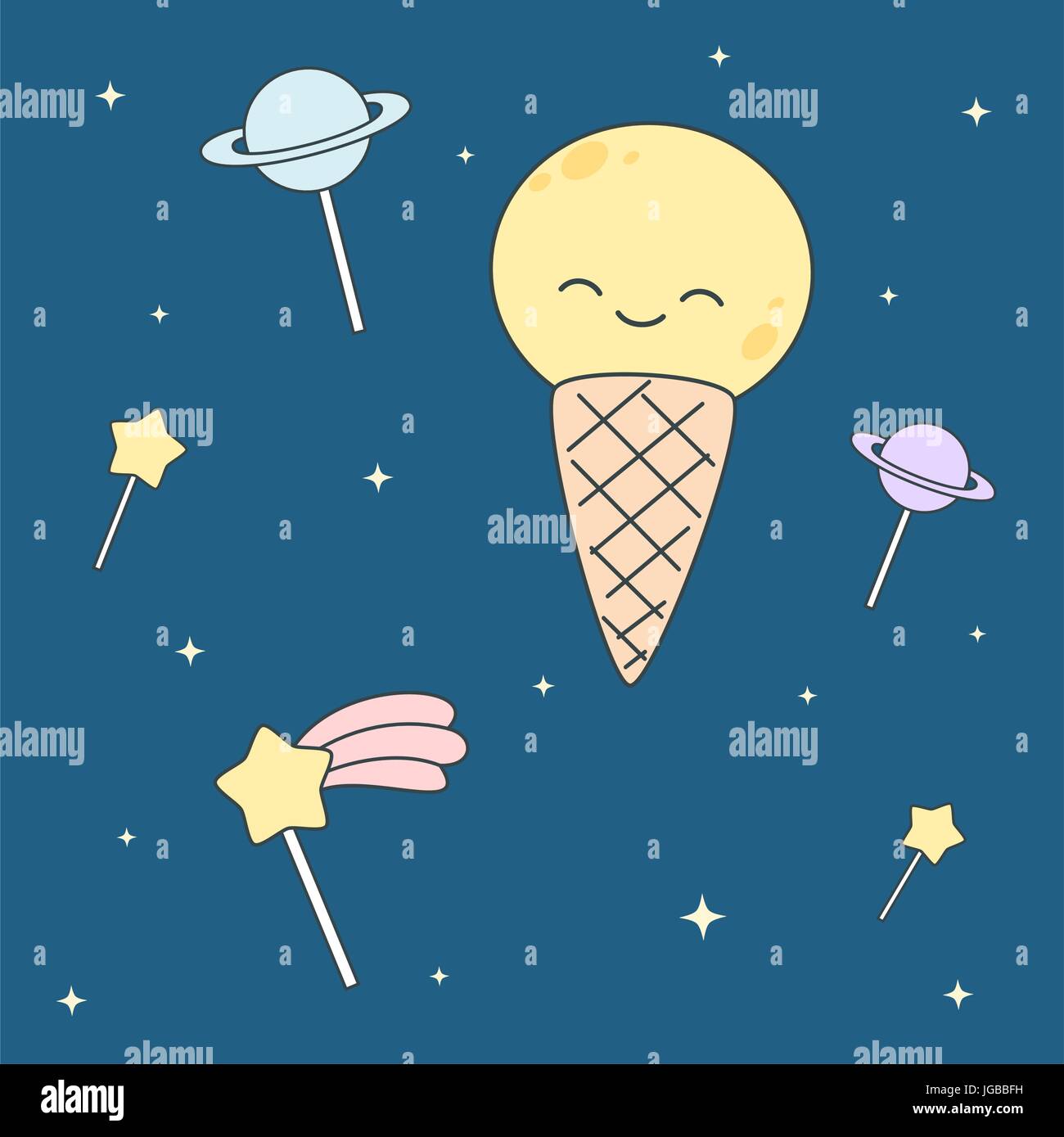 cute cartoon ice cream moon and lollipop stars and planets vector illustration Stock Vector