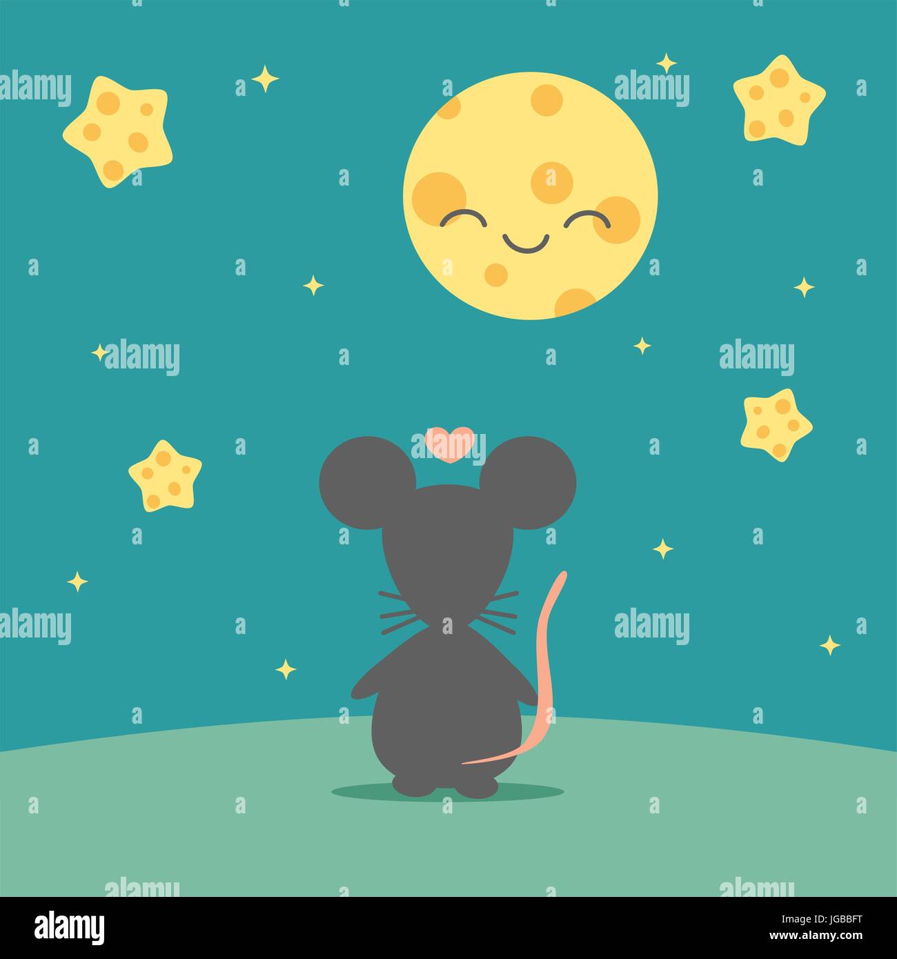 cute cartoon mouse admire sky with the moon and the stars in the form of cheese funny vector illustration Stock Vector