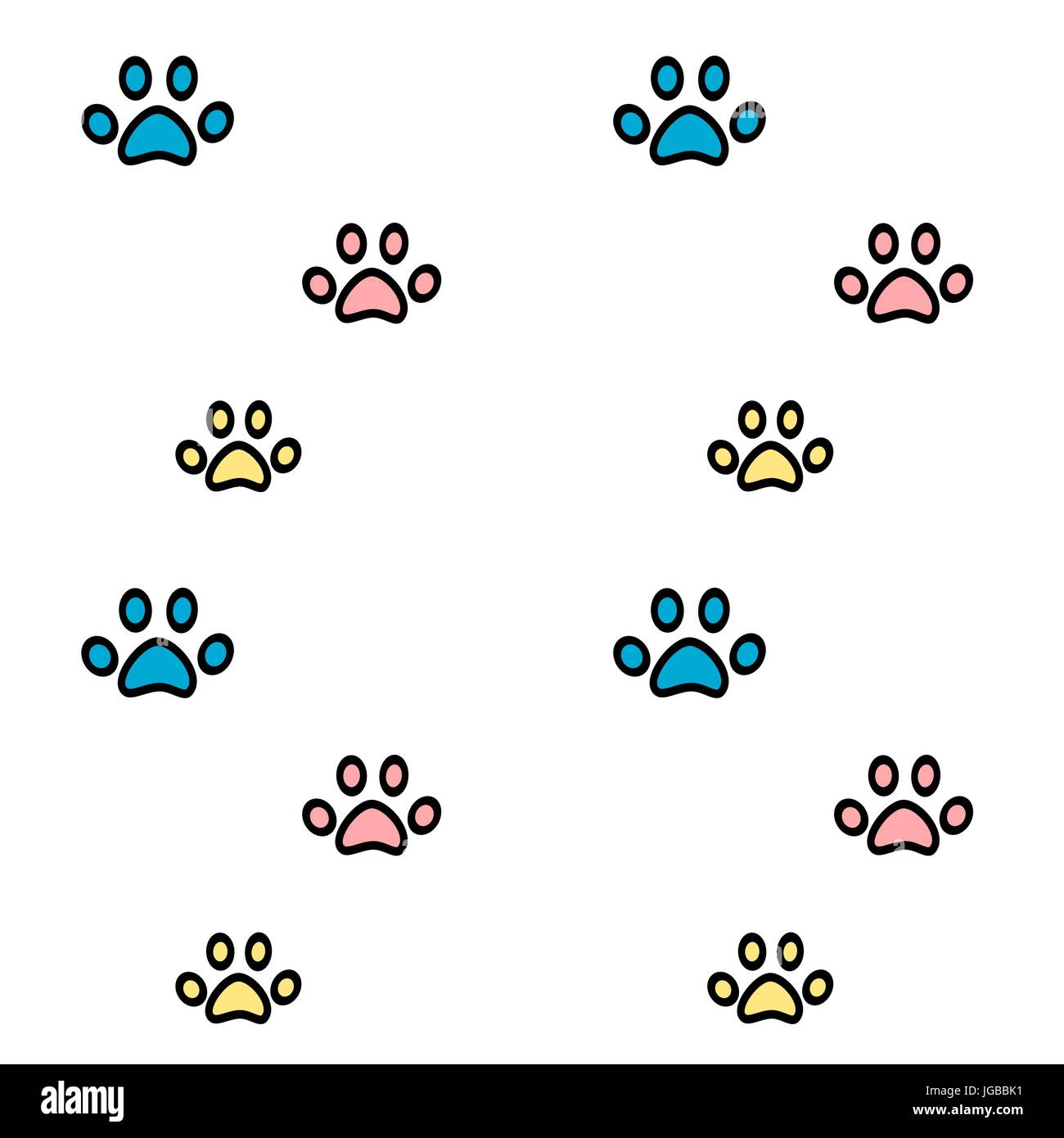 cute cartoon pink blue and yellow paws seamless vector pattern ...