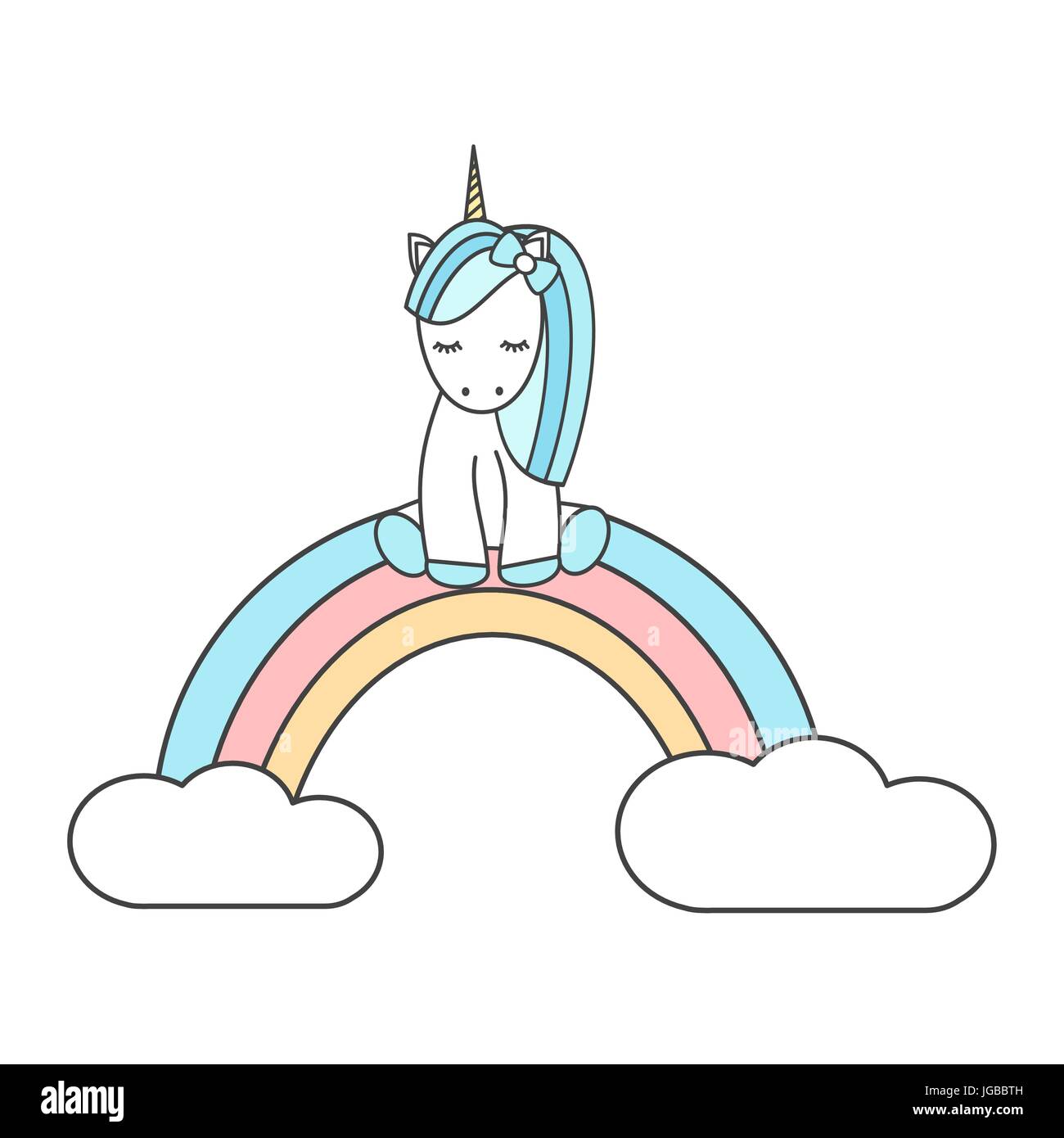 cute cartoon unicorn sitting on colorful rainbow vector illustration ...