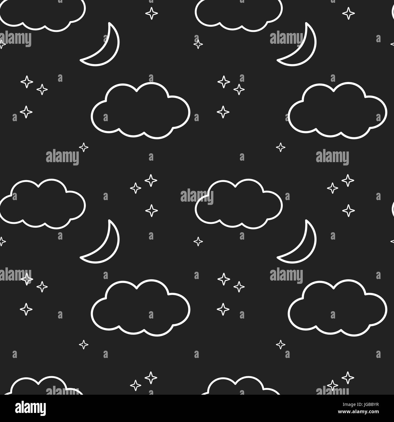 black and white night sky with stars clouds and moon seamless vector ...