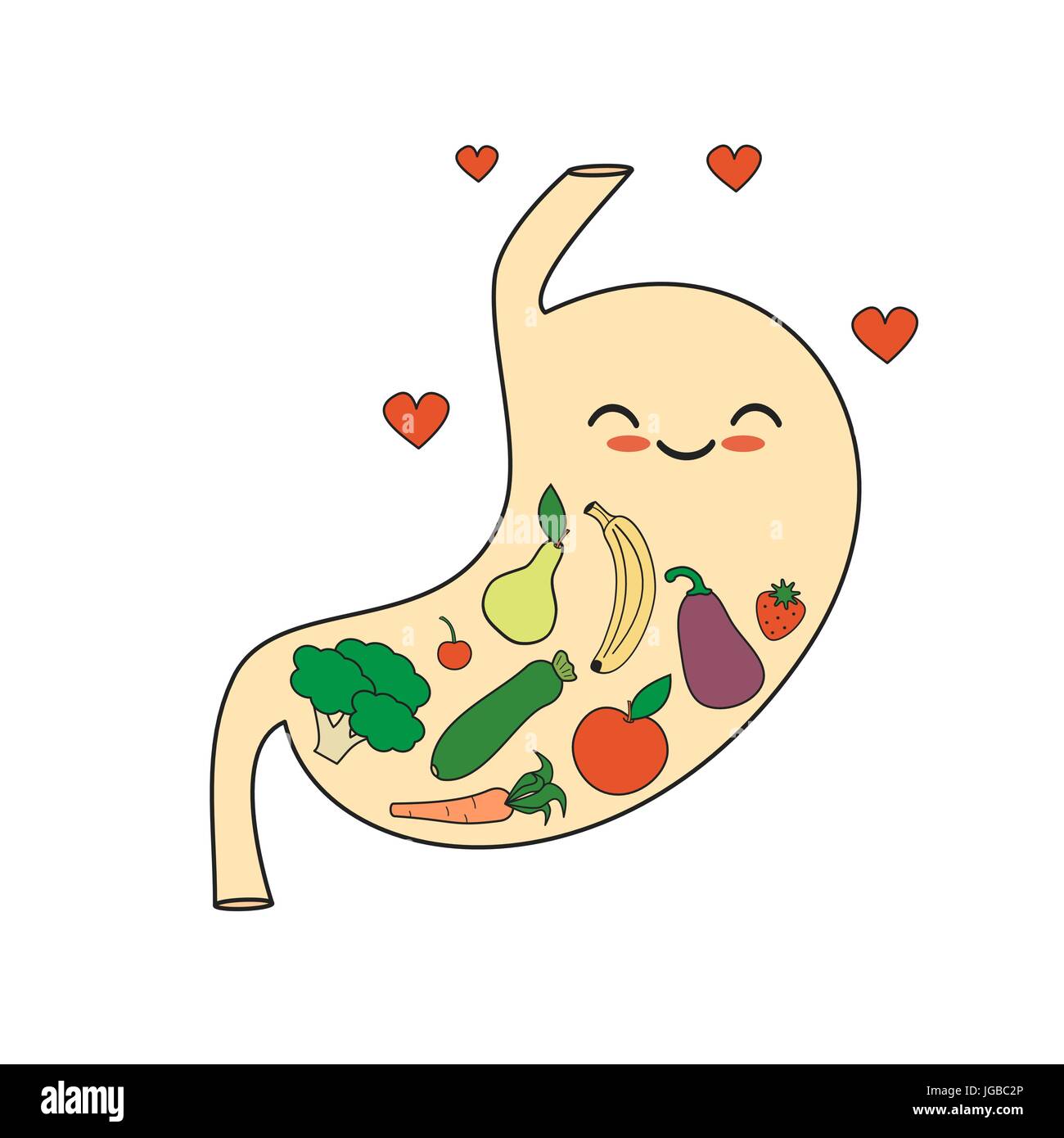 cute cartoon happy healthy stomach with vegetables and fruits concept
