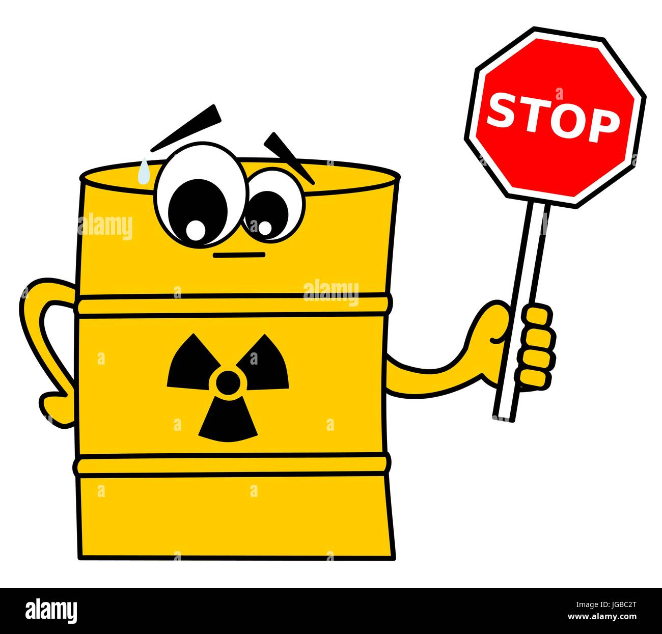 cute cartoon toxic waste yellow barrel with stop sign funny concept vector illustration Stock Vector