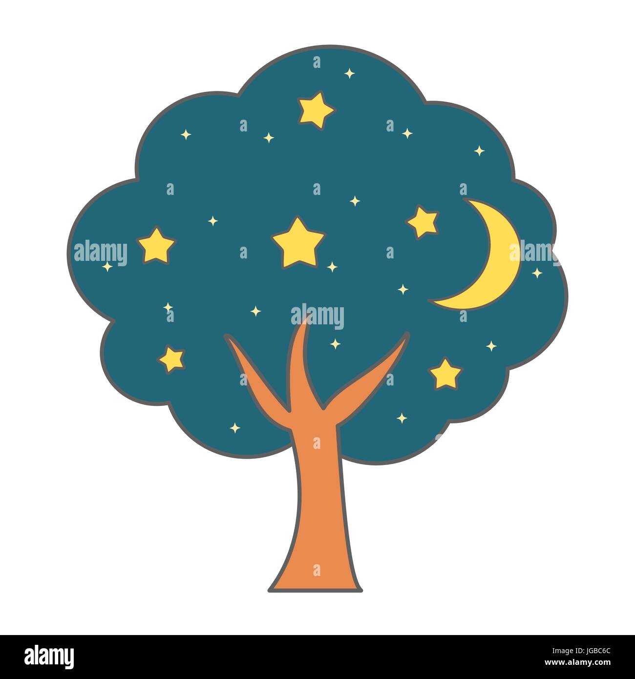 cute cartoon tree night vector illustration isolated on white
