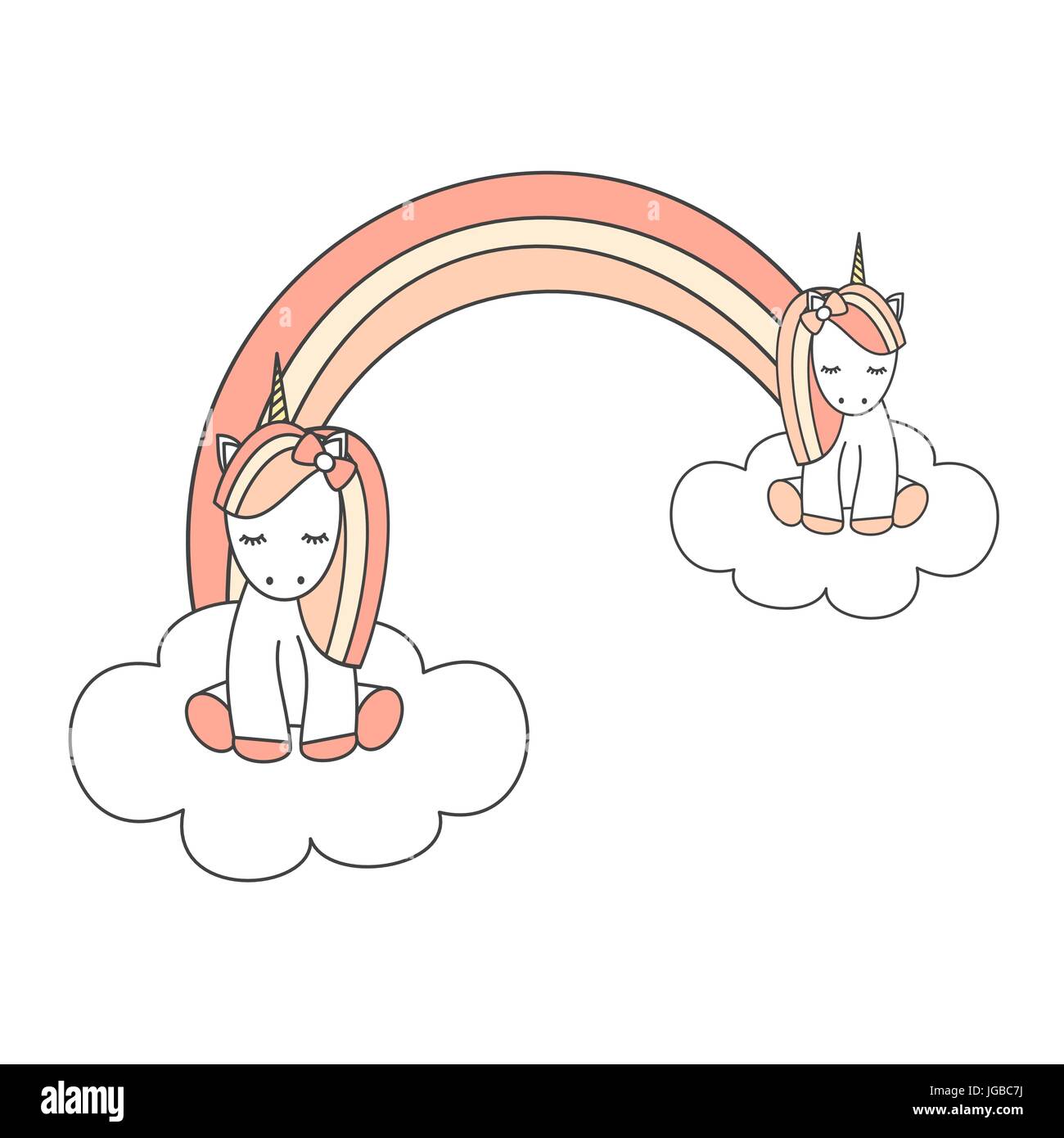 cute cartoon little unicorns on a clouds with rainbow vector ...