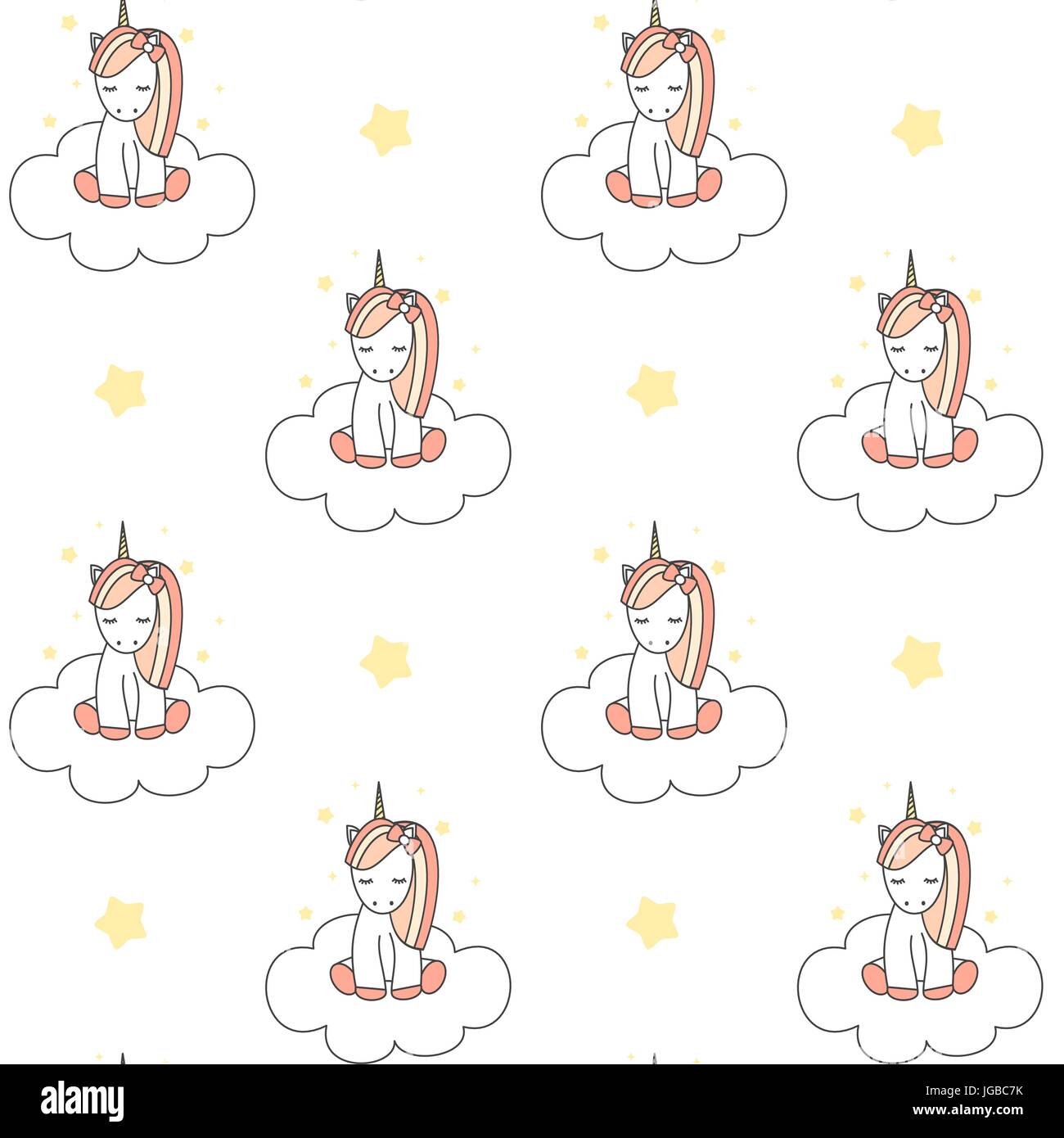 cute cartoon little unicorns on a clouds seamless vector pattern ...