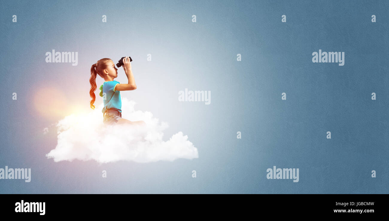 Cute kid girl sitting on cloud and looking in binoculars Stock Photo ...