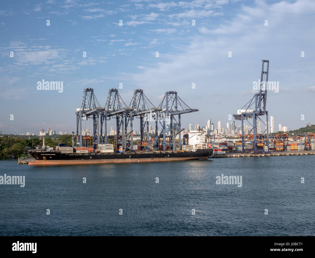 Large Cranes Load A Container Ship At The Port Of Balboa Panama City Stock Photo