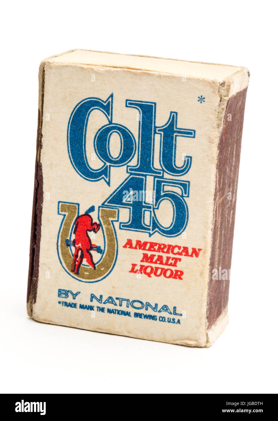 Box of Colt 45 Matches, Colt 45 is an American Malt Liquor made by the National Brewing Company since 1963. Stock Photo