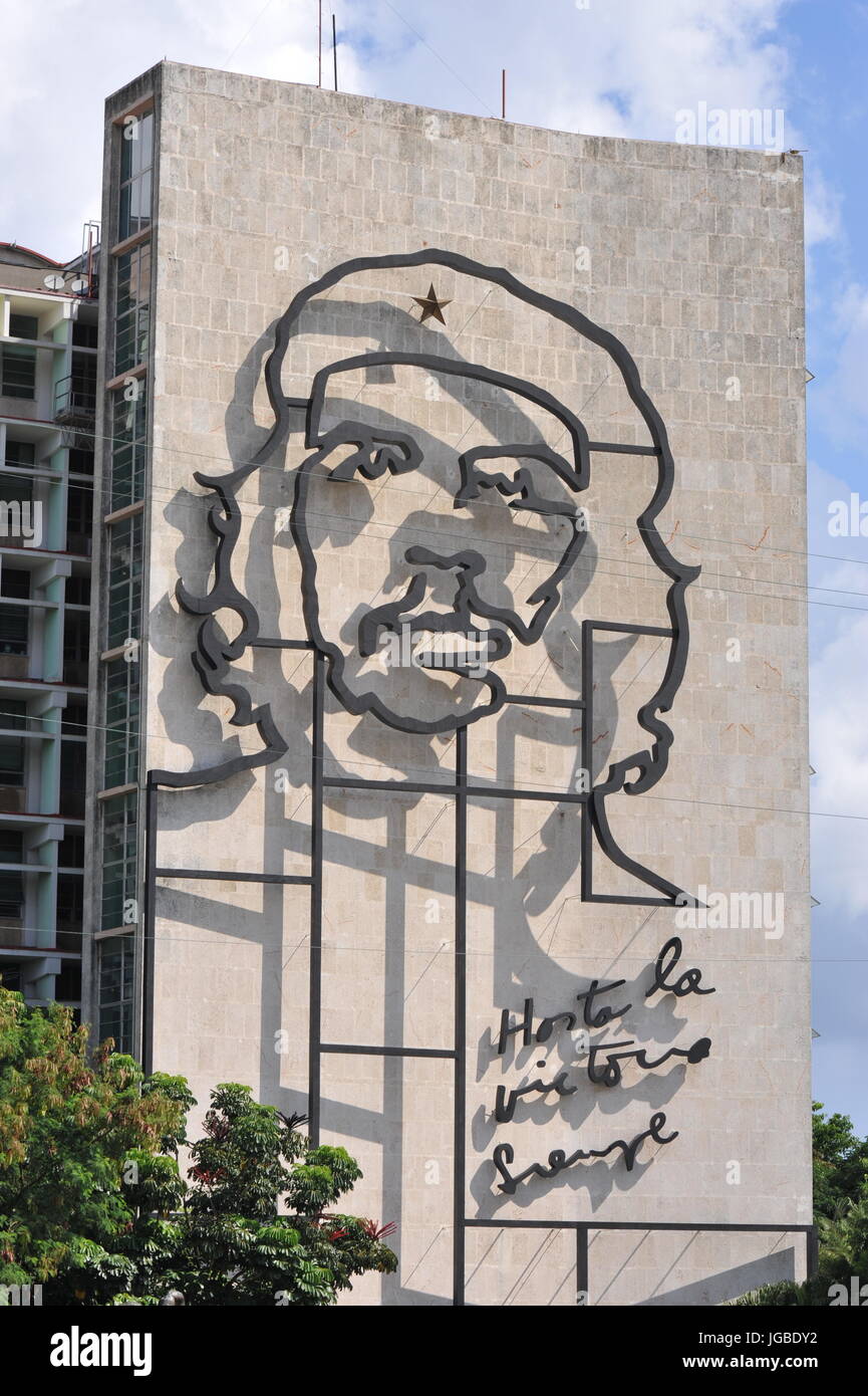 Ernesto Che Guevara as an art installation and propaganda work of art on a wall at the Revolution Square Stock Photo