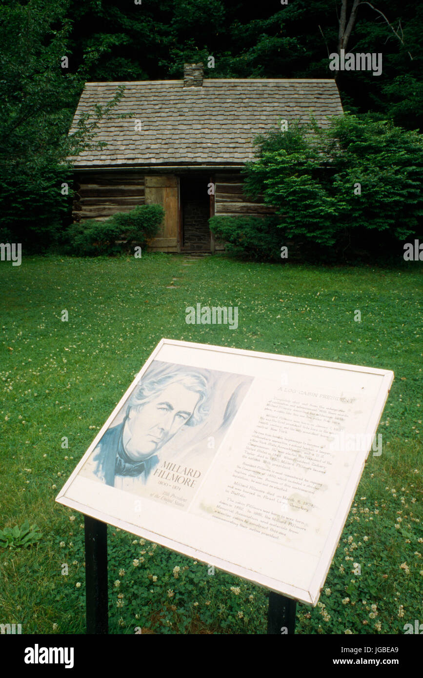 Milliard Fillmore home replica interpretive sign, Fillmore Glen State Park, New York Stock Photo