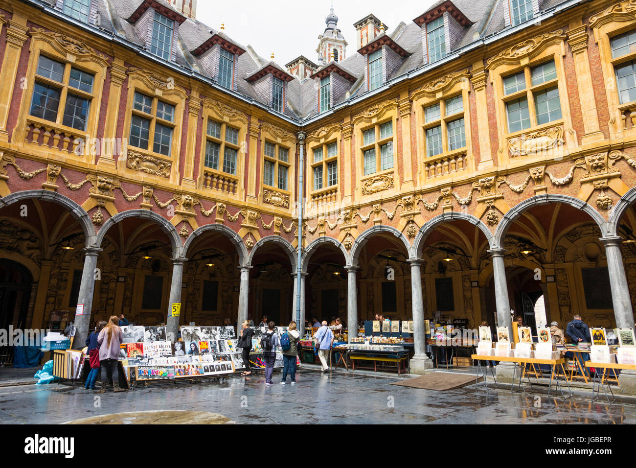 Market in La Vieille Bourse (Old Stock Exchange) in Lille, France Stock Photo