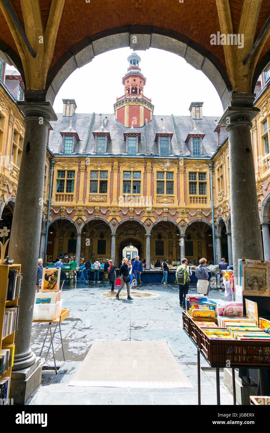 Market in La Vieille Bourse (Old Stock Exchange) in Lille, France Stock Photo