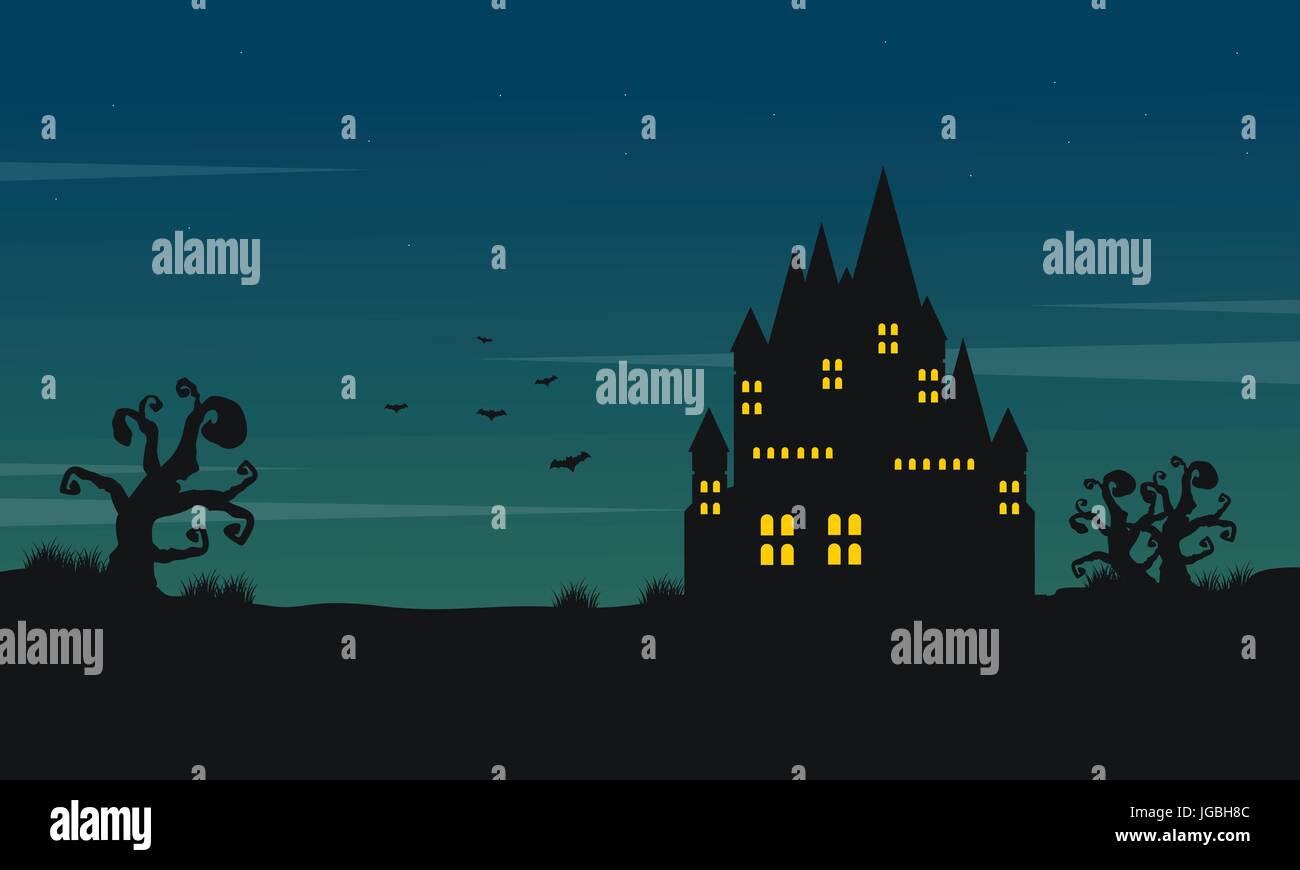 Halloween landscape with castle at night vector illustration Stock ...