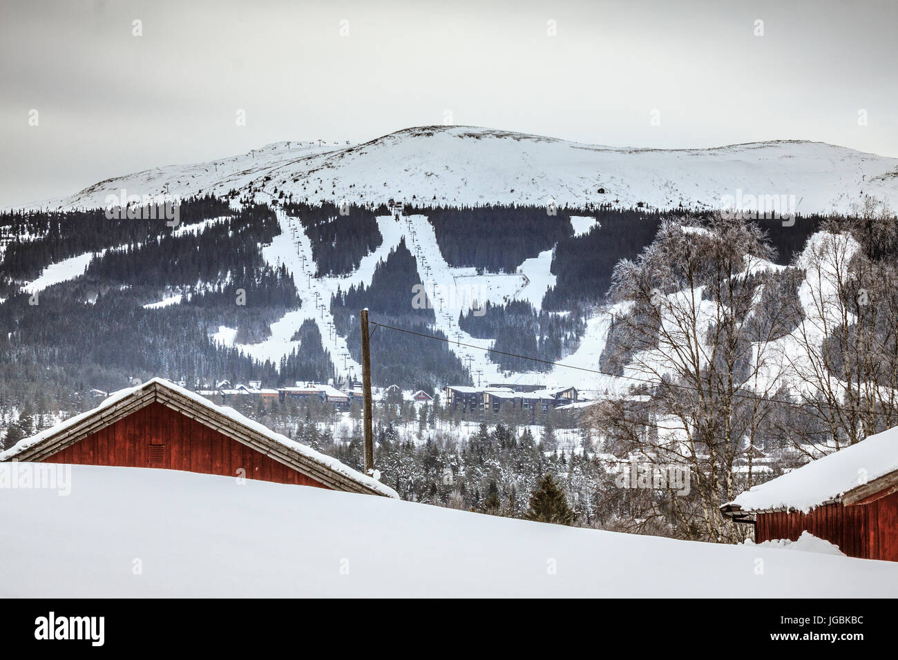 Alpine Resort Of Mount Trysilfjellet Shot Behind Old Red Barn