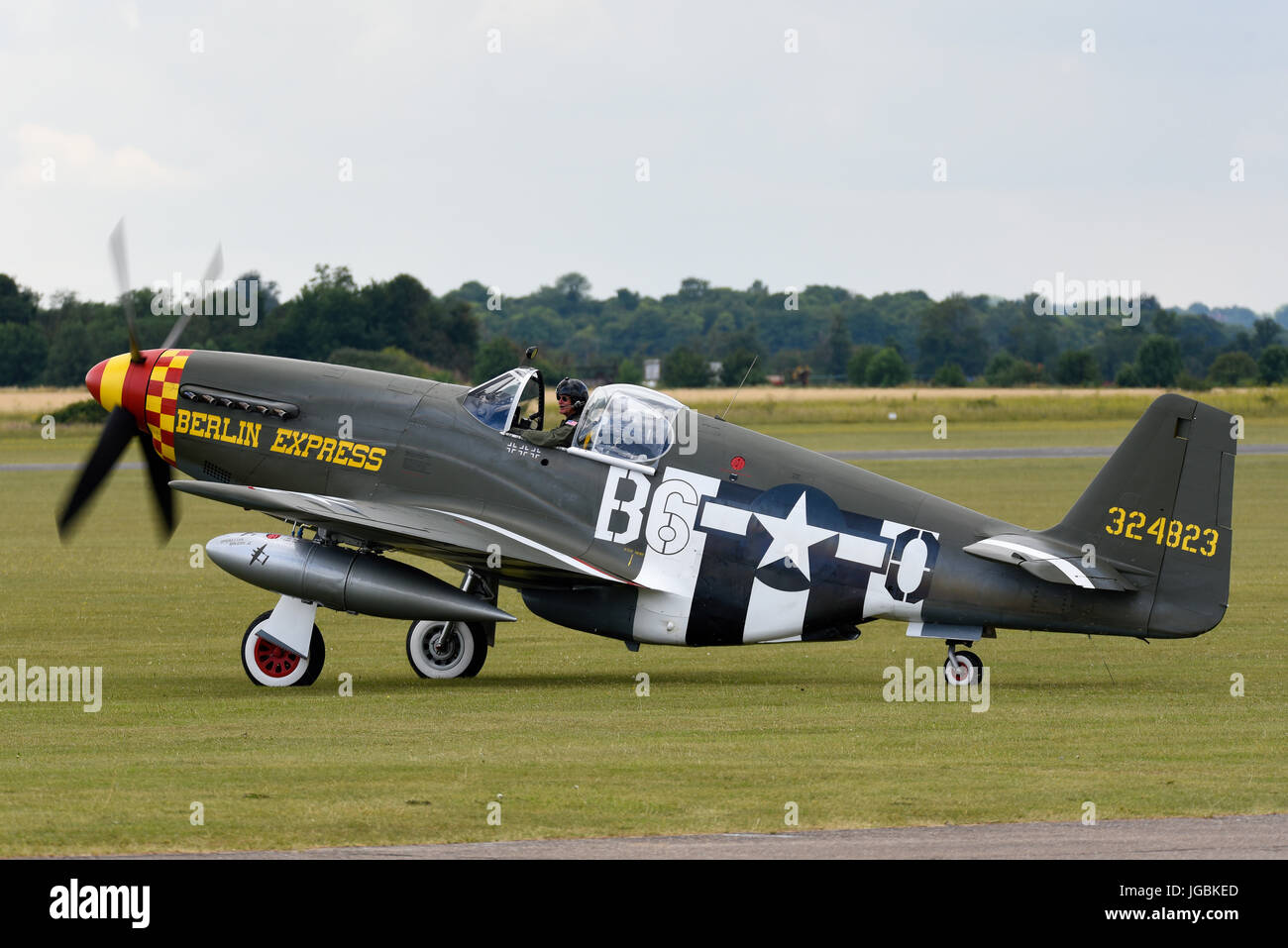 North American P-51B plane named Berlin Express which has flown from the US to appear at airshows in the UK. Duxford, Cambs. Stock Photo