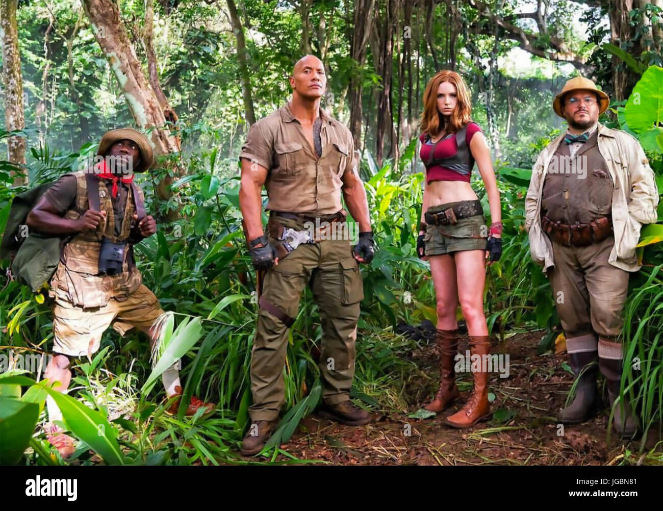 JUMANJI: WELCOME TO THE JUNGLE 2017 film with from left: Kevin Hart, Dwayne Johnson, Karen Gillan, Jack Black Stock Photo