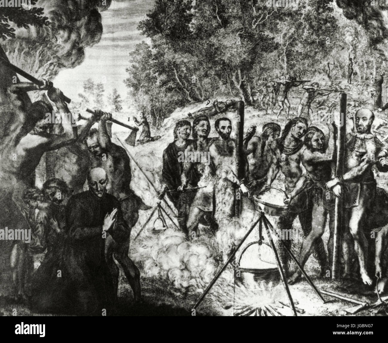 Jesuit missionaries martyred by indigenous people. Engraving. Stock Photo