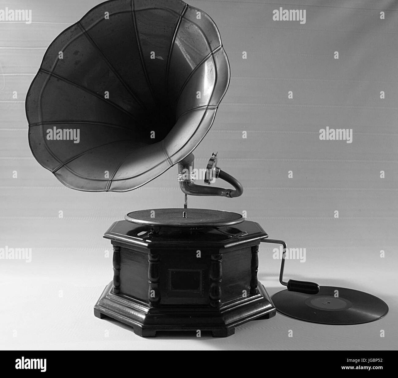 Ancient gramophone and original disc Black & White Stock Photo