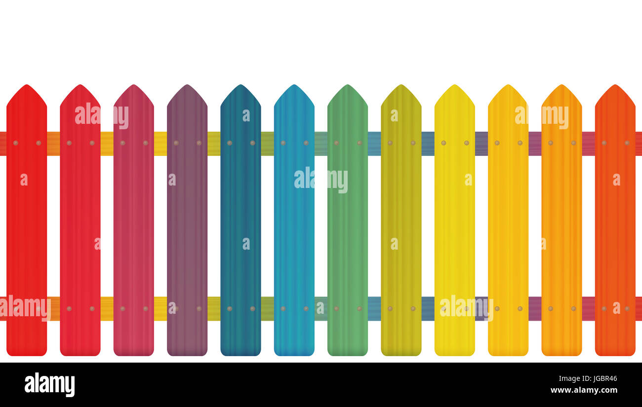 Rainbow colored picket fence with wooden texture, seamless extendable to endless pattern - illustration on white background. Stock Photo
