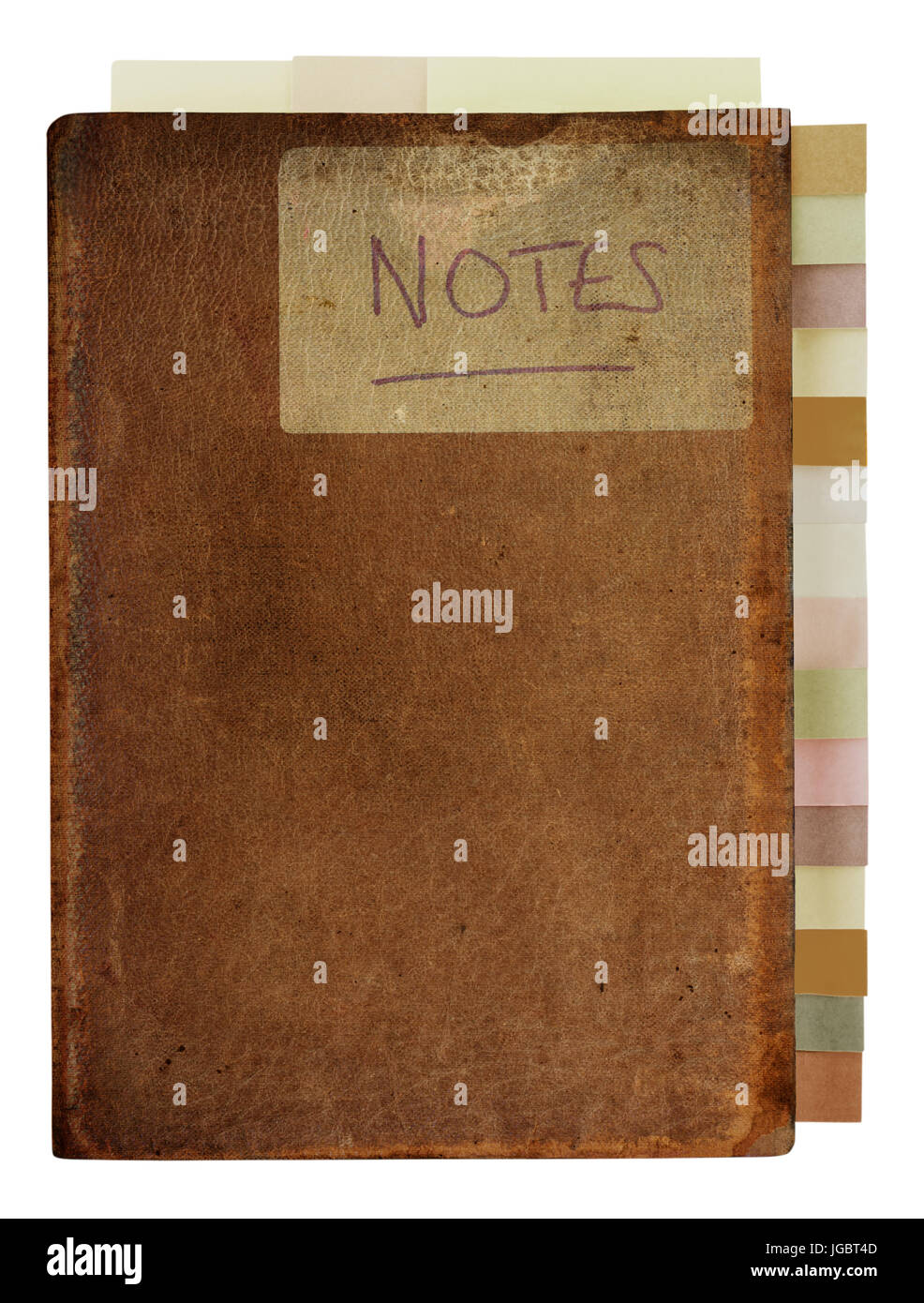 Isolated, worn out, marked and stained old brown leather notebook, labeled with the handwritten word 'Notes'.  Tabbed index down right side in muted c Stock Photo