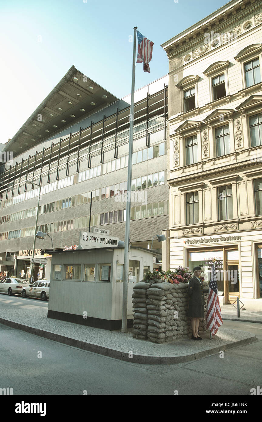 Checkpoint Charlie - symbol of the Cold War, representing the separation of East and West. September 1, 2005 - Berlin, Germany Stock Photo