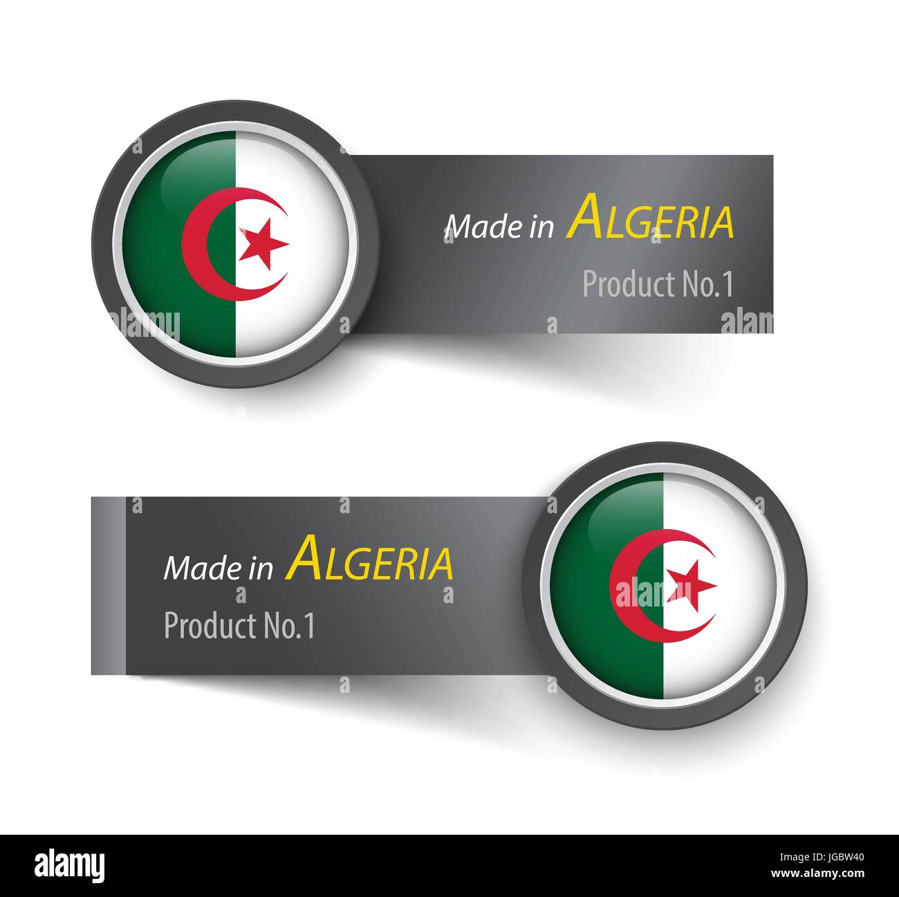 Flag icon and label with text made in Algeria . Stock Vector