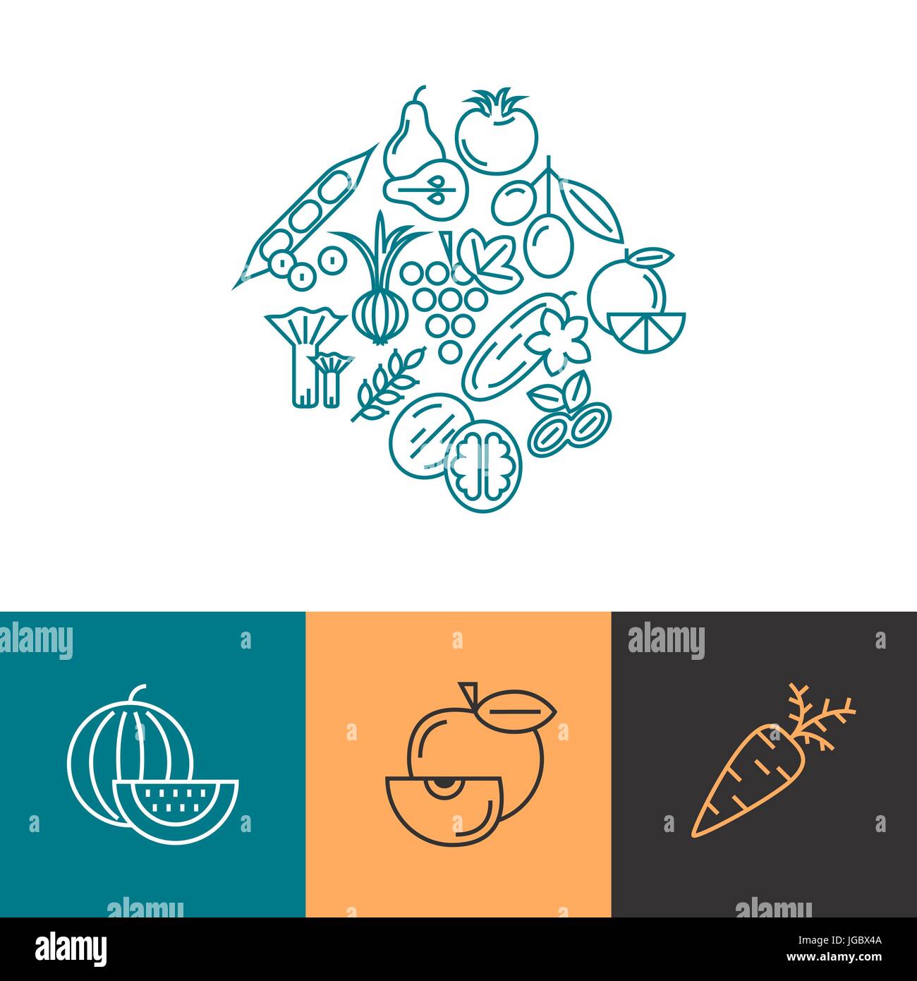 Digital blue vegetable icons set infographics drawn simple line art ...