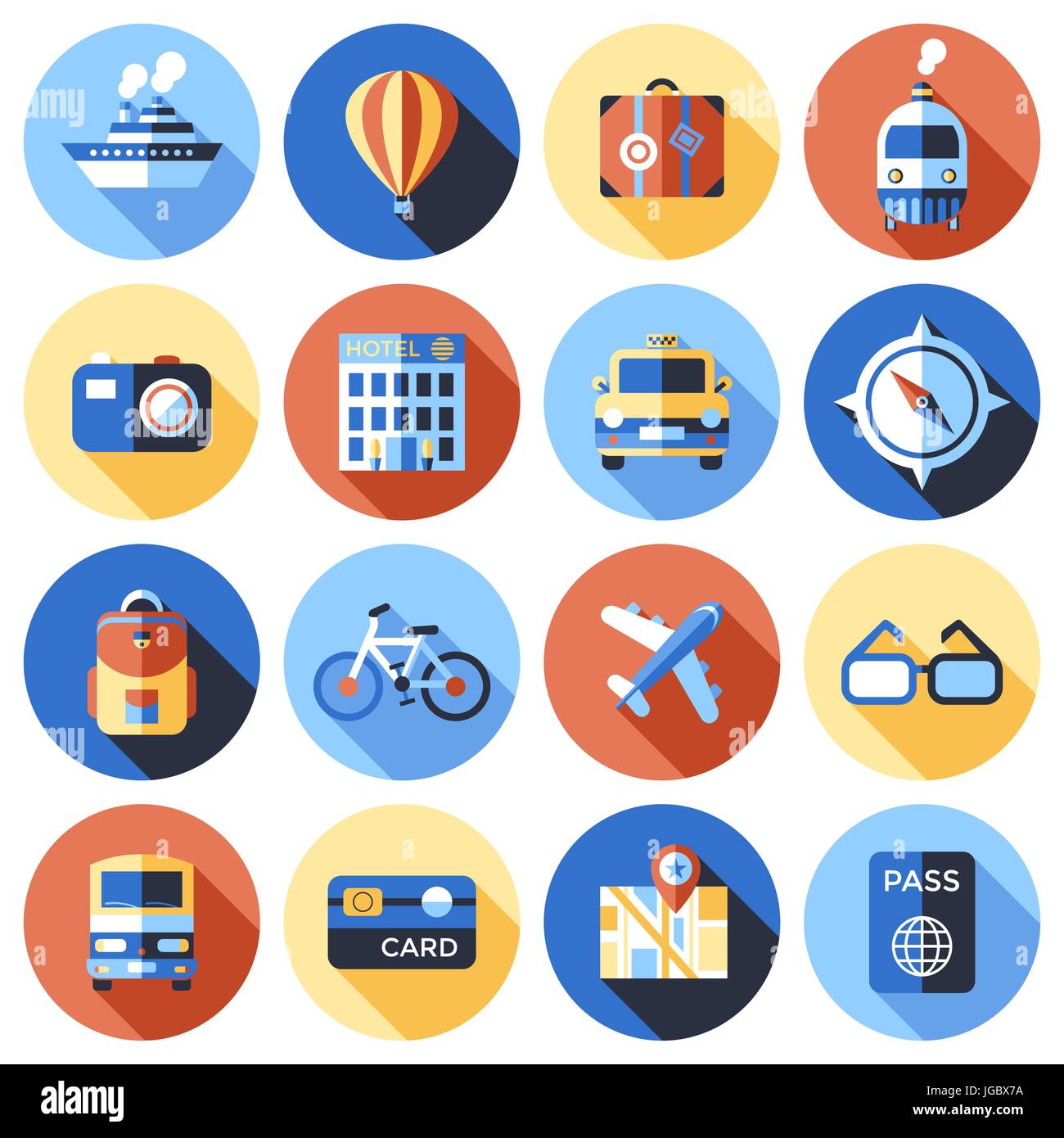Digital vector blue red travel icons set with drawn simple line art info graphic poster promo, ship boat camera balloon luggage compass air plane map  Stock Vector
