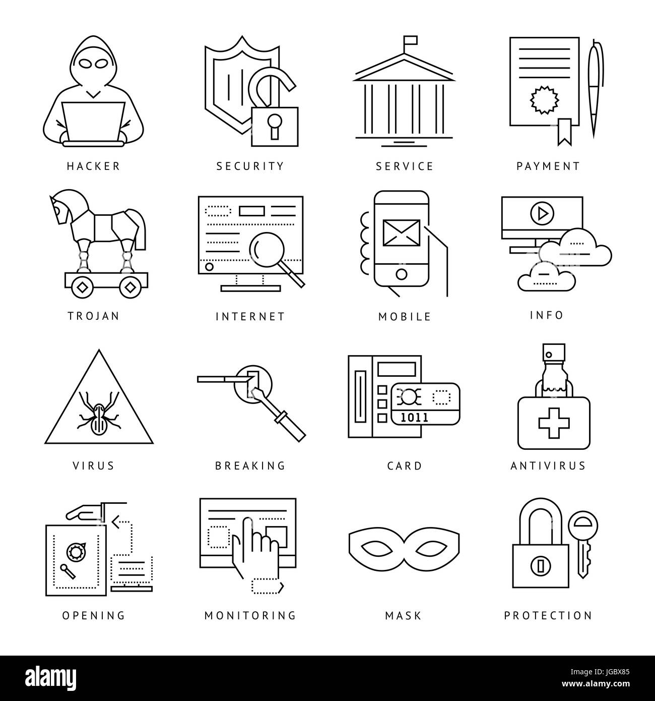 Digital vector internet security data protection icons set drawn simple ...